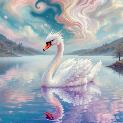 The primary subject of the image is a white swan floating on a body of water. The swan is the focal point of the scene, and it appears to be looking at the viewer. The setting is a serene body of water, with a mountain visible in the background. The visual style of the image is a combination of photo and digital art, creating a realistic yet artistic representation of the swan. The colors in the image are predominantly shades of blue and white, giving the scene a calm and peace